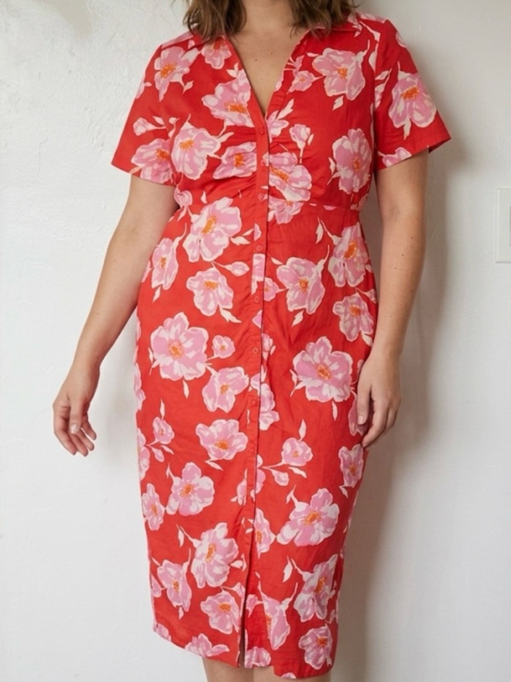 Old Navy Red Midi Dress with Pink Floral Print